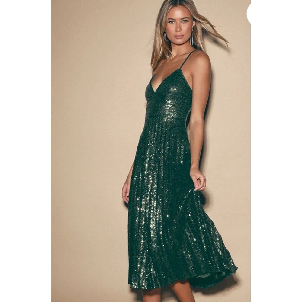 Vision of Elegance Forest Green Sequin Pleated Midi DressLulus
